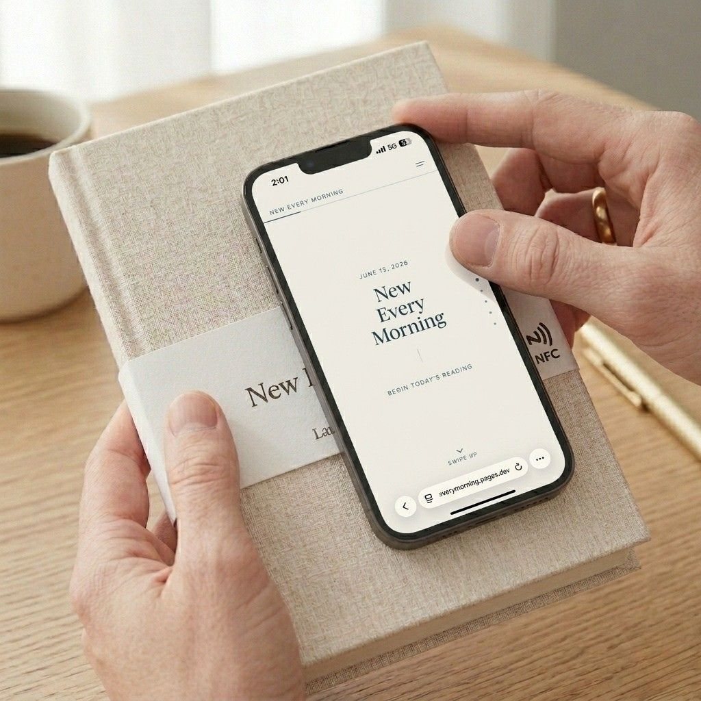 Phone held to journal cover — devotional opens instantly